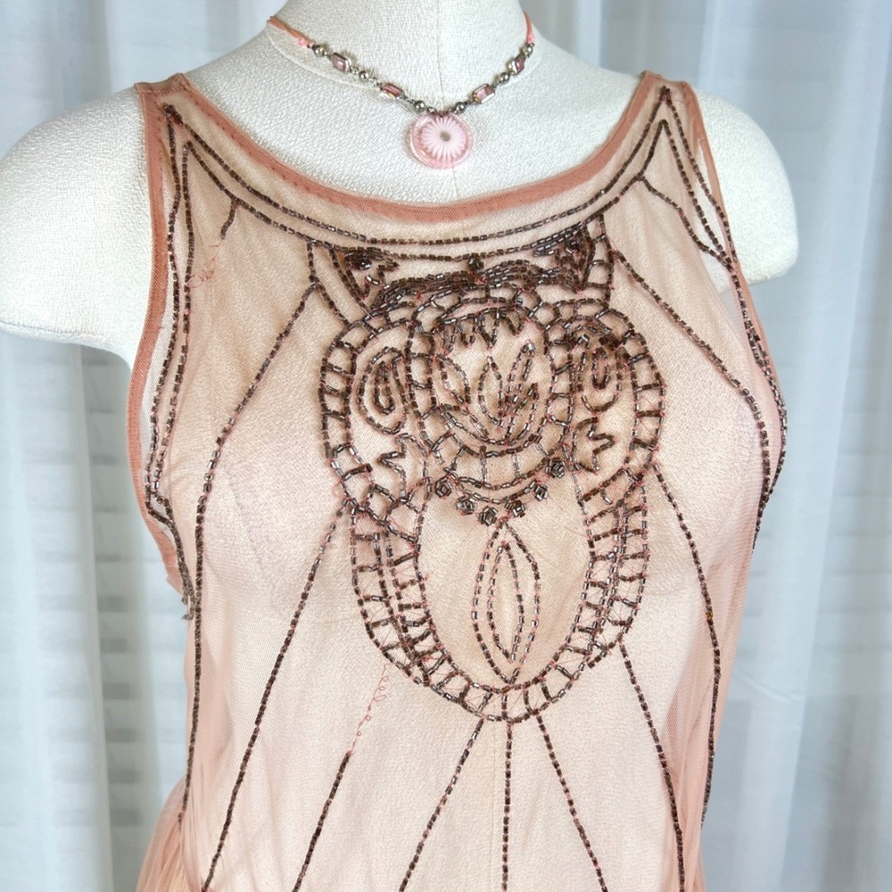 Free People Sheer Pink Beaded Mesh Dress Art Deco Womens Size M Flapper Boho - Picture 5 of 8